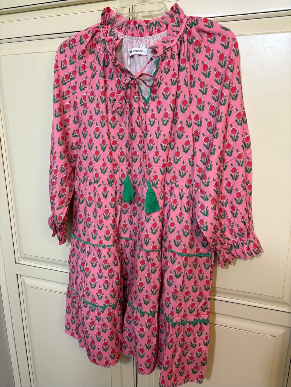 Women’s size large Pink Floral Tiered Dress with Green Tassel Trim